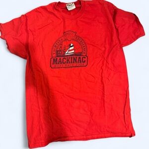 Vintage Red Mackinac Boat Race T-shirt with embroidered boat.